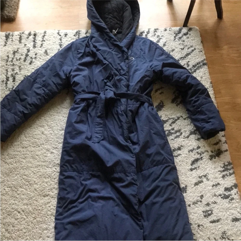 Free People Navy and Charcoal Hooded Poplin Blanket Coat